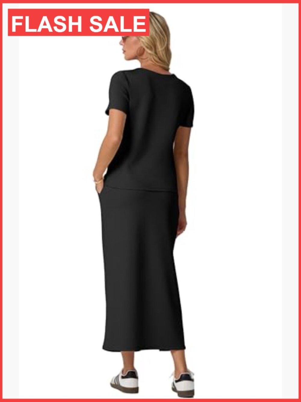 V-Neck Short Sleeve Top & Side Slit Midi Skirt Set with Pockets - Picture 6 of 7